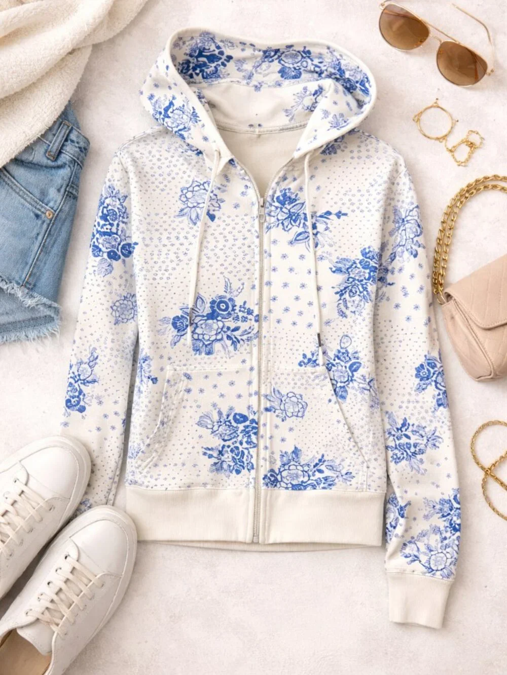 Reverse Blue White Floral Zip Hoodie Jacket Cottagecore Size L - Picture 1 of 6